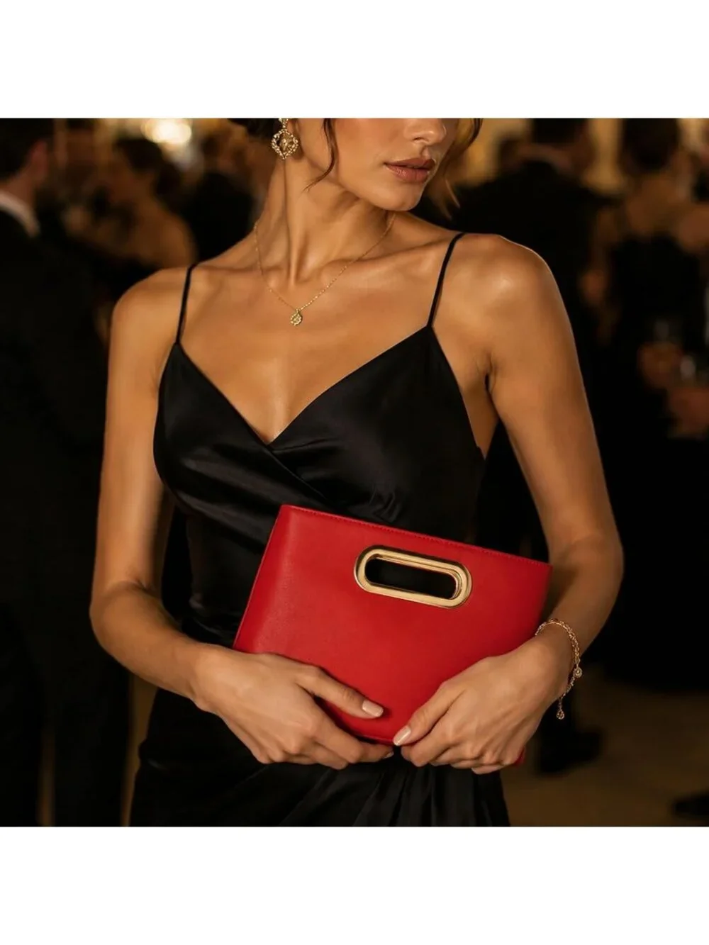 Women's Red Clutch Handbag Modern Faux Leather with Metal Handle Evening Bag